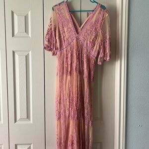 Pink Lace Mesh Overlay Maternity Maxi Dress